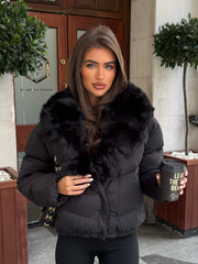 Vienne V-Neck Hooded Faux Fur  Trim Bomber Coat - Black