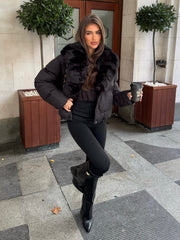 Vienne V-Neck Hooded Faux Fur  Trim Bomber Coat - Black
