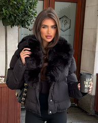 Vienne V-Neck Hooded Faux Fur  Trim Bomber Coat - Black