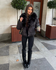 Vienne V-Neck Hooded Faux Fur  Trim Bomber Coat - Black