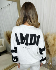 Alanna Round Neck 'GLAMDOLL' Back Print Fleece Lined Jumper - Bleach Grey