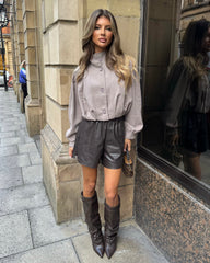 Eliana Short Trench Jacket with Ruched Shoulders - Mocha