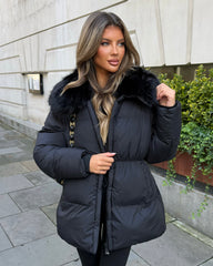 Aveline Hooded Faux Fur Trim Jacket - Black