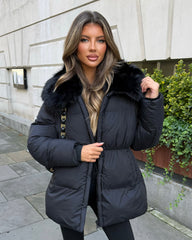 Aveline Hooded Faux Fur Trim Jacket - Black