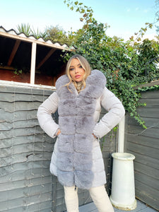 Hayley Faux Fur Belted Padded Coat - Grey