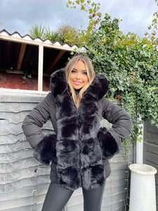 Isobella Belted Faux Fur Trim Hooded Coat - Black