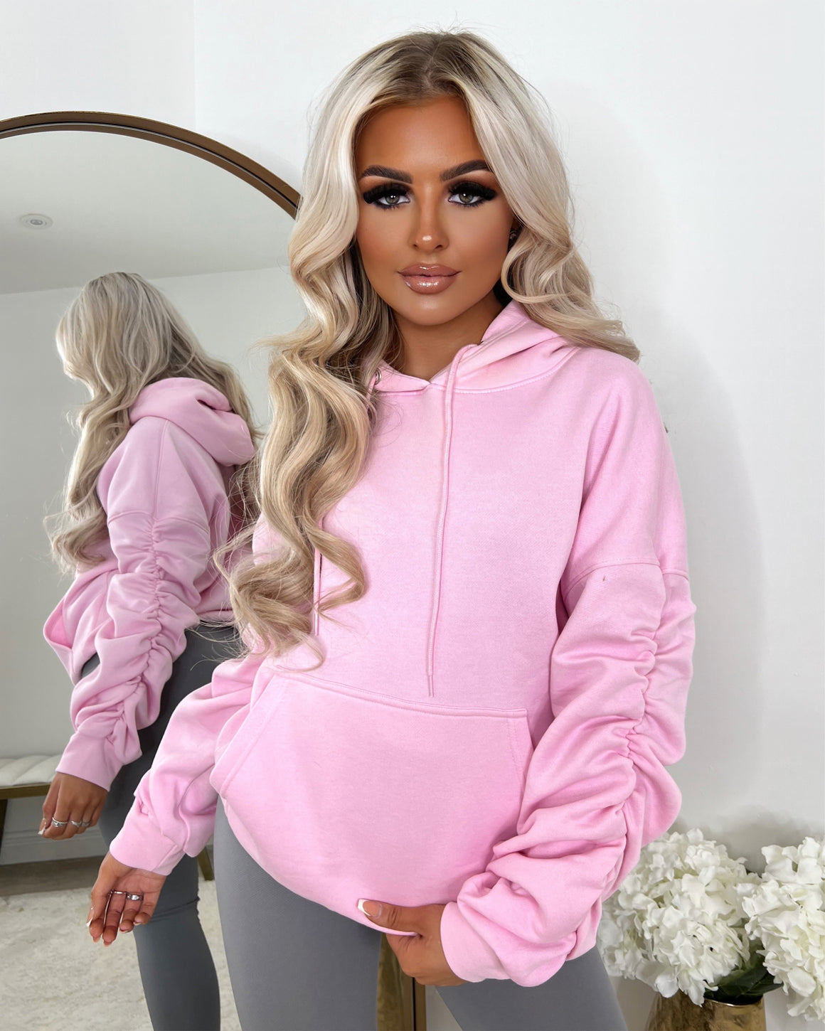 Pink ruched sleeve hoodie Outlet