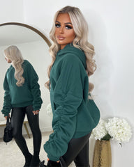 Penny Ruched Sleeve Hoodie - Bottle Green