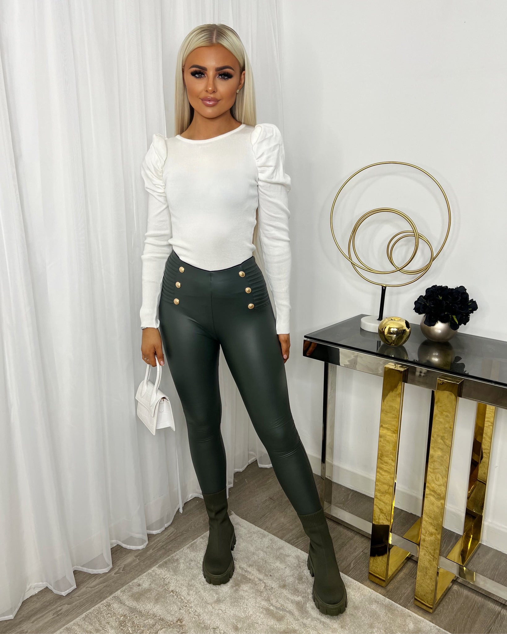 Gold Button Detail PU High Waist Leggings - Buy Fashion Wholesale in The UK