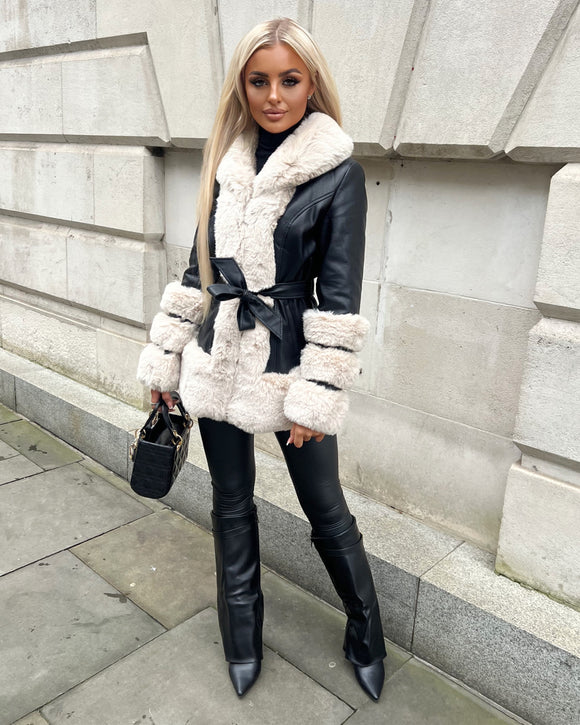 Naomi Fur Belted Coat  - Black/Cream