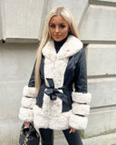 Naomi Fur Belted Coat  - Black/Cream
