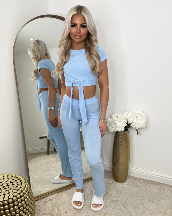 Laura Tie Front Cropped Loungewear Set - Baby Blue