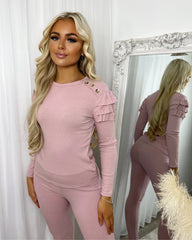 Kara Gold Button Frill Loungeset - Pink