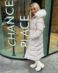 Chantel Long Padded Faux Fur Hooded Coat - Beige