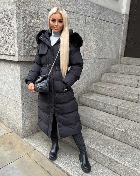 Chantel Long Padded Faux Fur Hooded Coat - Black – GlamDoll Fashion