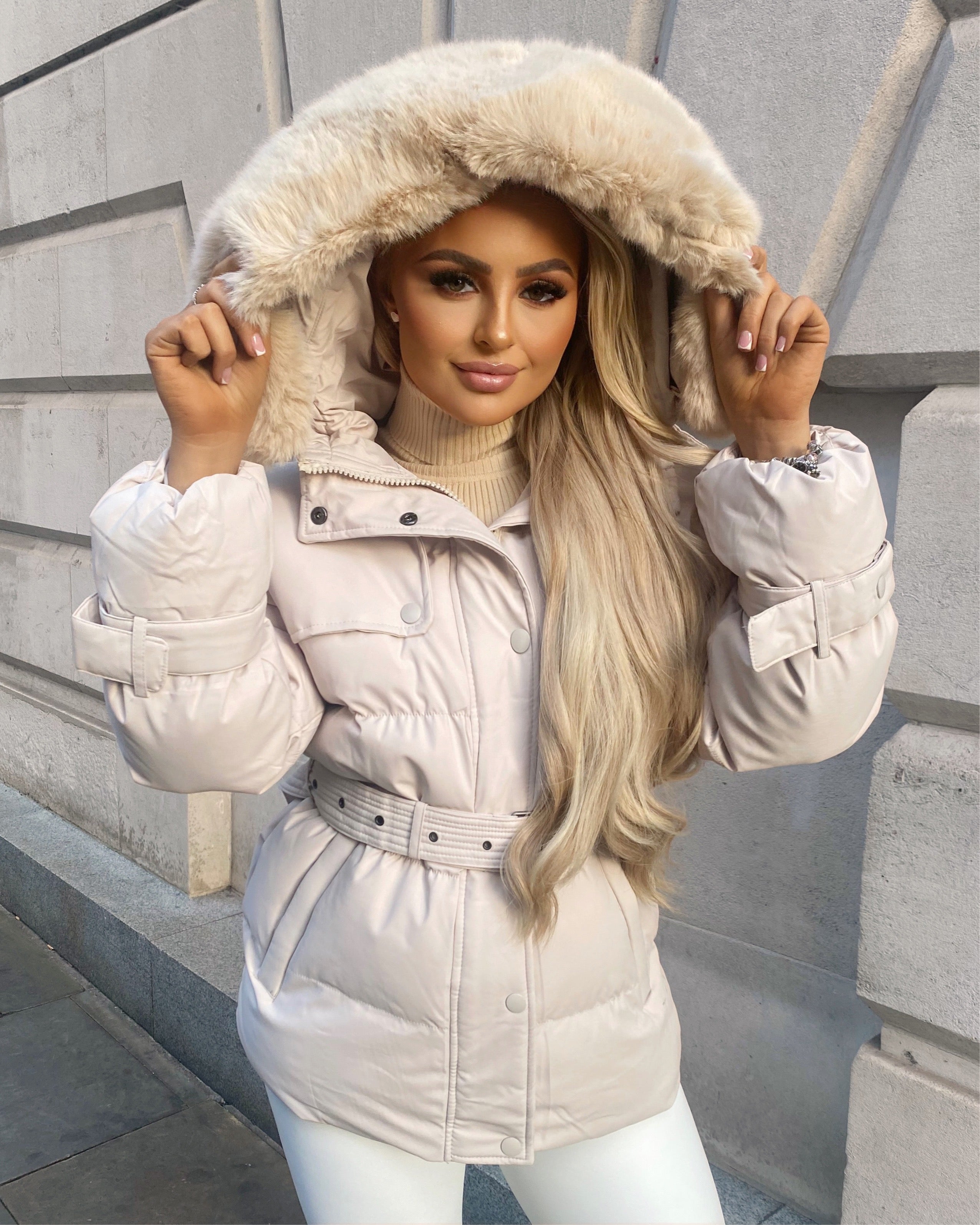 Kelsey Padded Faux Fur Hooded Coat Beige - Main Image