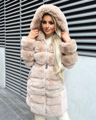 Alice Long Faux Fur Belted Padded Coat - Camel