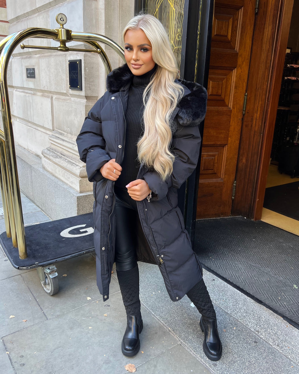 Hallie Padded Coat with Fur Hood - Black – GlamDoll Fashion