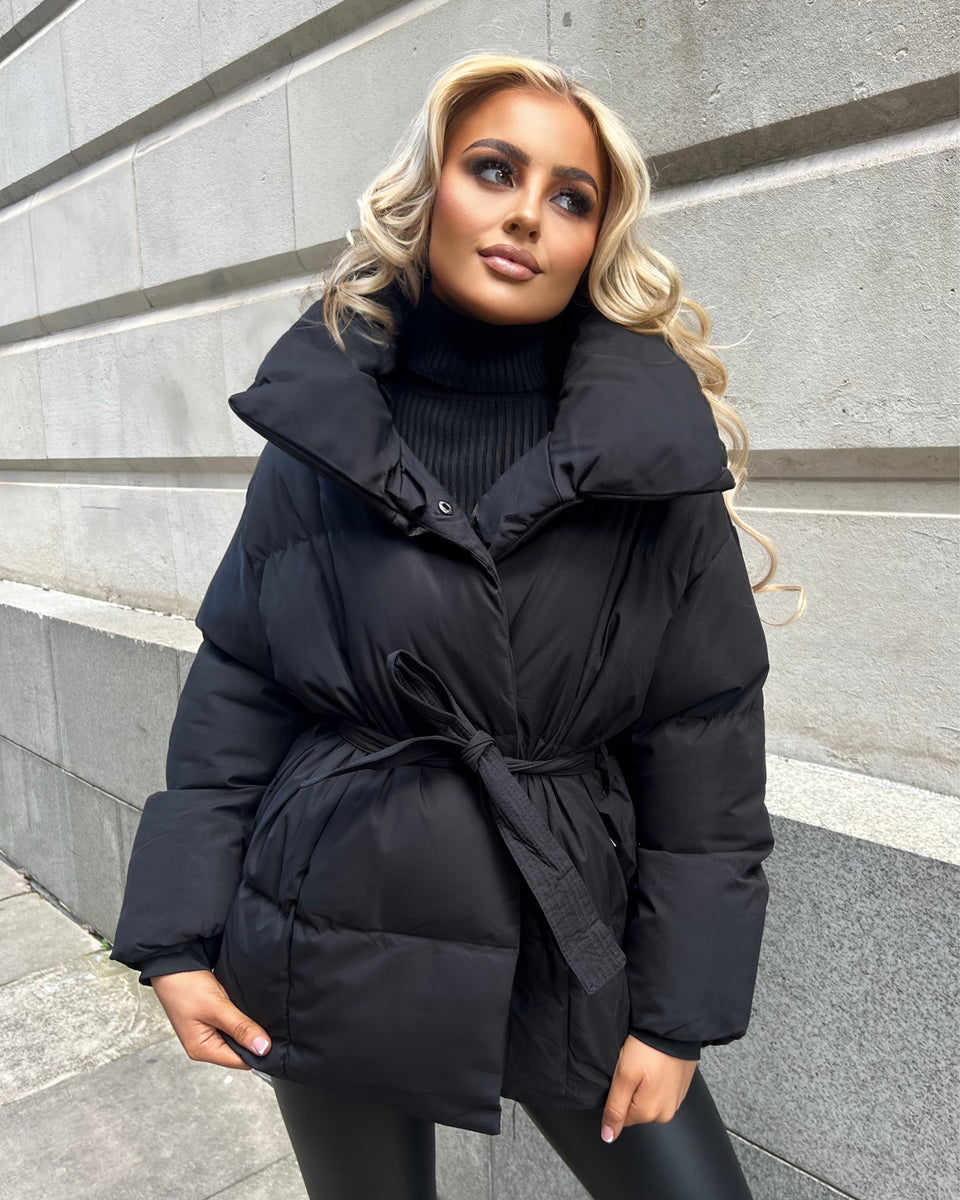 Sophie Short Belted Padded Duvet Coat - Black – GlamDoll Fashion