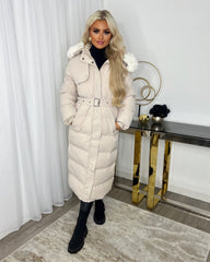 Chantel Long Padded Faux Fur Hooded Coat - Beige