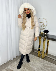 Chantel Long Padded Faux Fur Hooded Coat - Beige