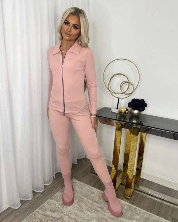 Courtney Collared Zip Front Set - Light Pink