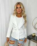 Thea Fitted Gold Button Blazer - White