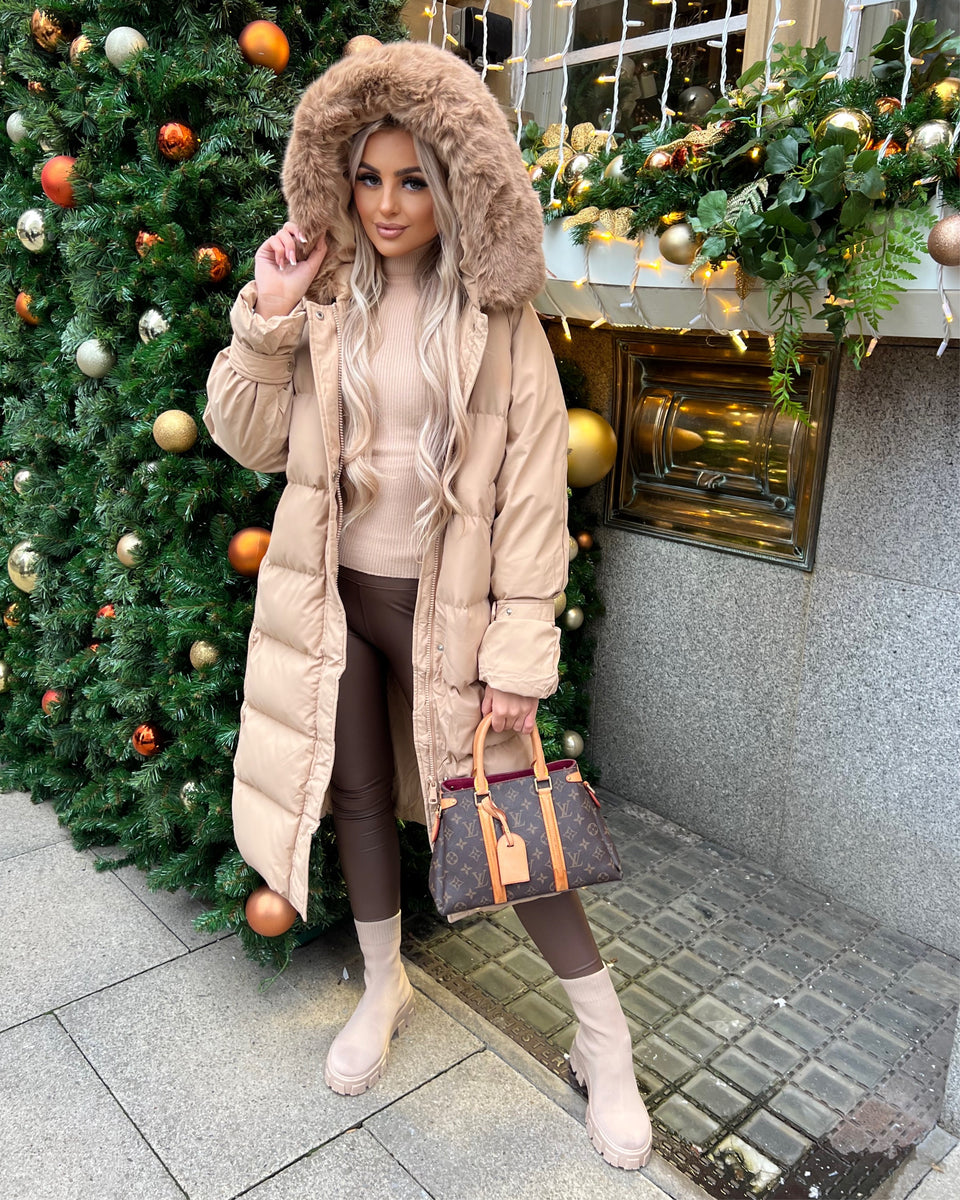 Hallie Padded Coat with Fur Hood - Camel – GlamDoll Fashion