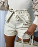 Mae Faux Leather Belted Shorts - Beige