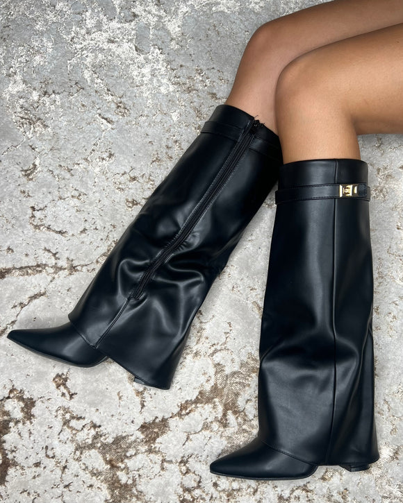 Kasia Knee High Fold Over Heels Boots - Black