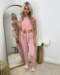 Laura Tie Front Cropped Loungewear Set - Pink