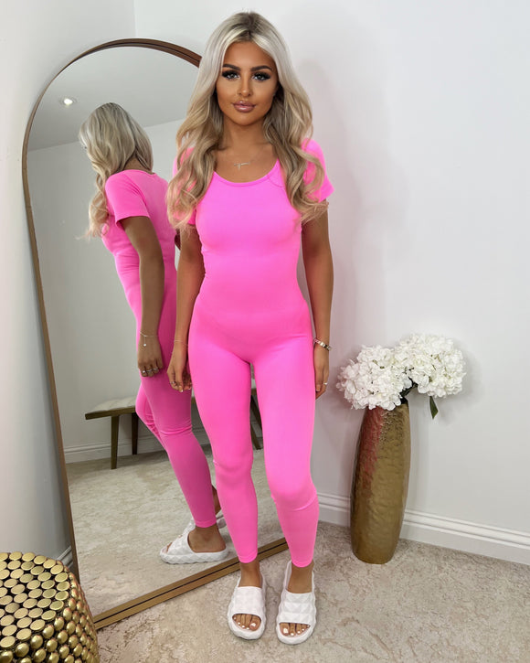 Ellie Capped Sleeve Unitard Jumpsuit - Neon Pink – GlamDoll Fashion