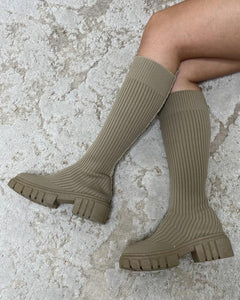 Elouise Ribbed Knee High Sock Boot - Camel