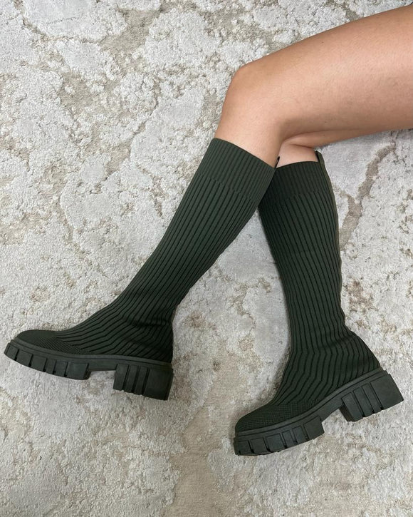 Elouise Ribbed Knee High Sock Boot - Khaki