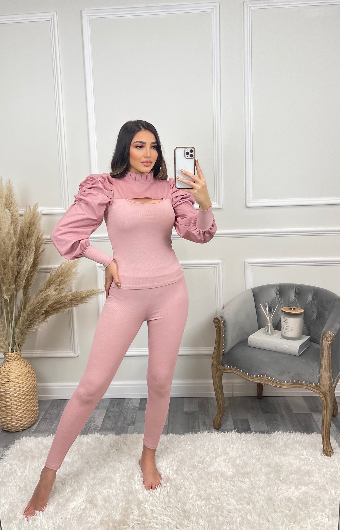 Hazel Slit Front Puff Sleeve Loungewear Set - Pink – GlamDoll Fashion