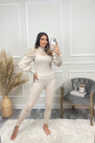 Hazel Slit Front Puff Sleeve Loungewear Set - Beige