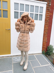 Alice Long Faux Fur Belted Padded Coat - Camel