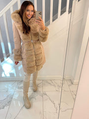 Alice Long Faux Fur Belted Padded Coat - Camel