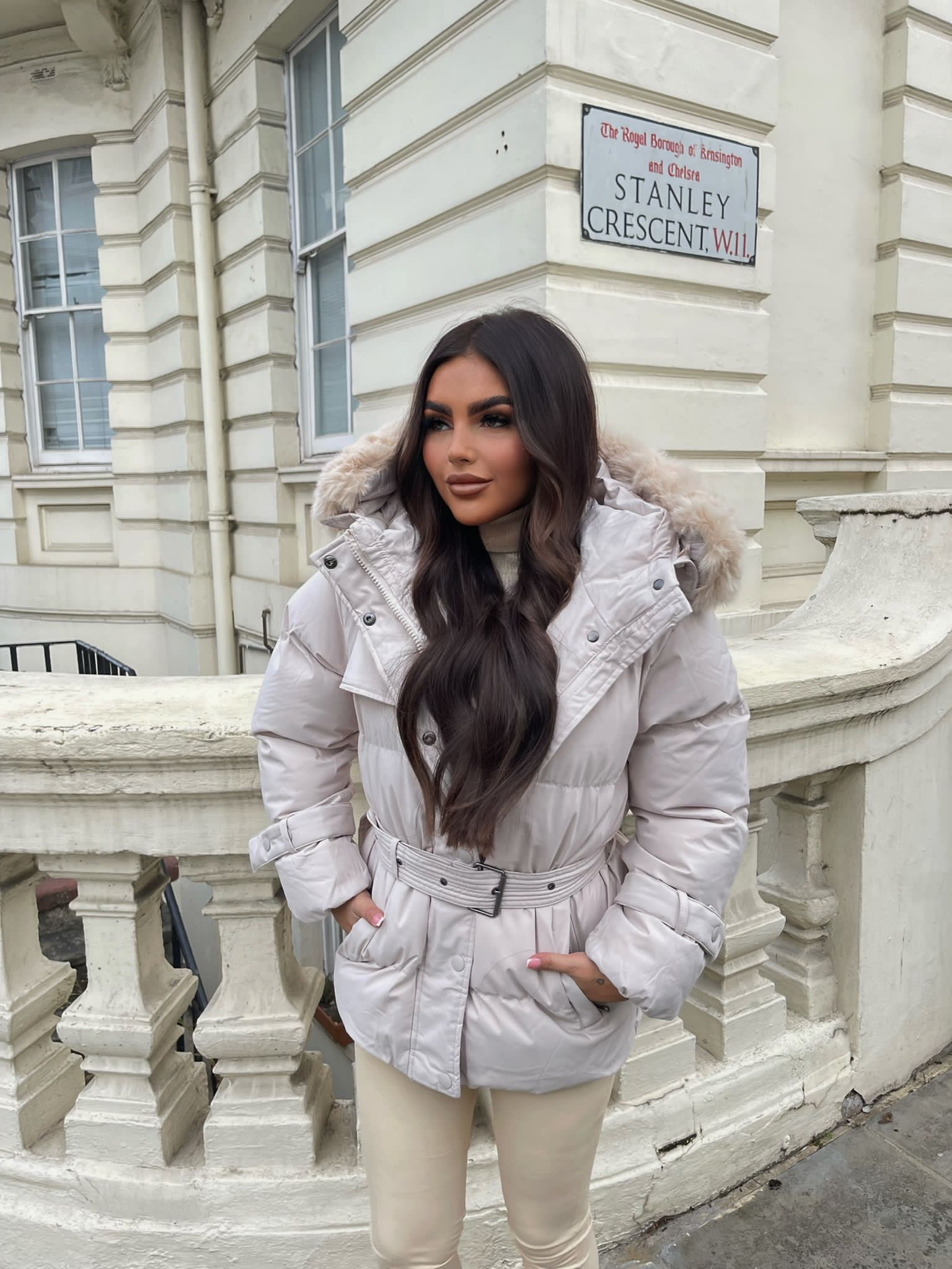 Kelsey Padded Faux Fur Hooded Coat - Beige – GlamDoll Fashion