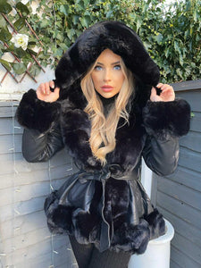 Lillie Belted Fur Hooded Coat - Black