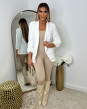 Thea Fitted Gold Button Blazer - White