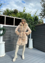 Alice Long Faux Fur Belted Padded Coat - Camel