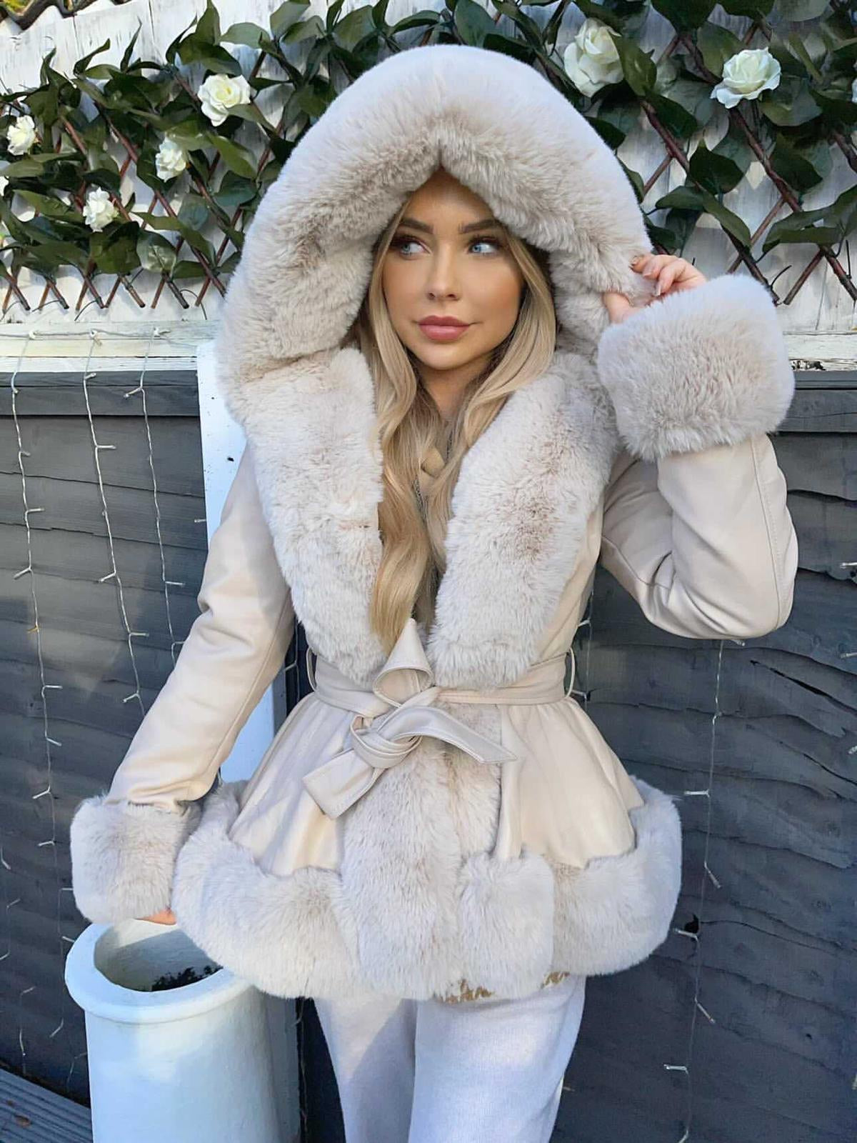 Lillie Belted Fur Hooded Coat - Cream – GlamDoll Fashion