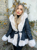 Lillie Belted Fur Hooded Coat - Black/Cream
