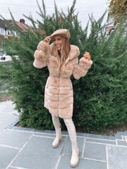 Alice Long Faux Fur Belted Padded Coat - Camel
