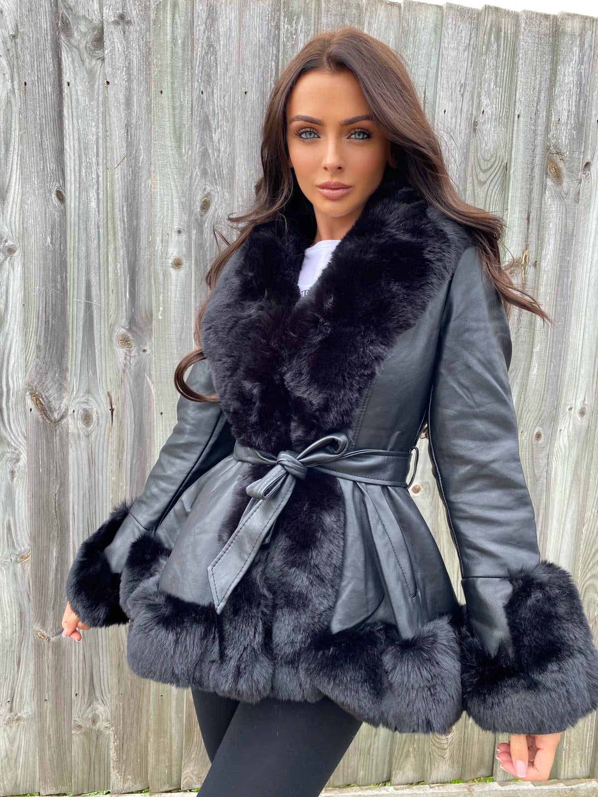 Freya Belted Fur Coat Black